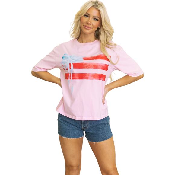 Light Pink With Blue Bow Flag Graphic Crewneck Top New S M L XL - Picture 2 of 13